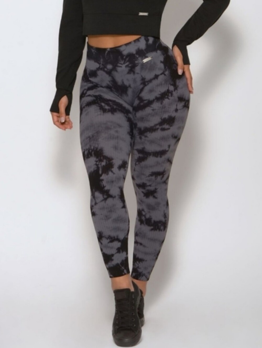 Bombshell Ribbed Seamless High-Waist Leggings Black & Gray Tie-Dye L/XL